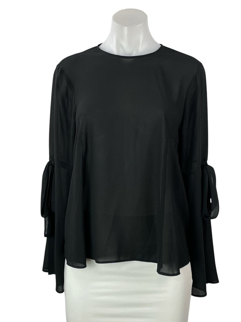 Topshop Women's Black Crew Neck Sheer Long Sleeve Tie Shirt Blouse Top Size 6